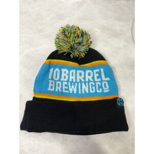 10 Barrel Brewing Co Beanie Hat Black Blue Pom Pom‎ Knit Cuffed Winter Cap